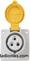 Yellow 2P+E IP44 panel socket,32A 110V