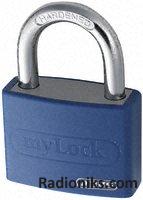 Blue plastic coated aluminium padlock