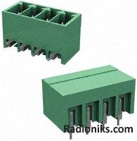 Connector,shrouded header,terminal block,9 way,PCB,Header,Solder,90°,Through hole,10 A,300V,Thermoplastic,Green