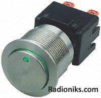 Vandal proof p/b switch,ring,grn LED,12A